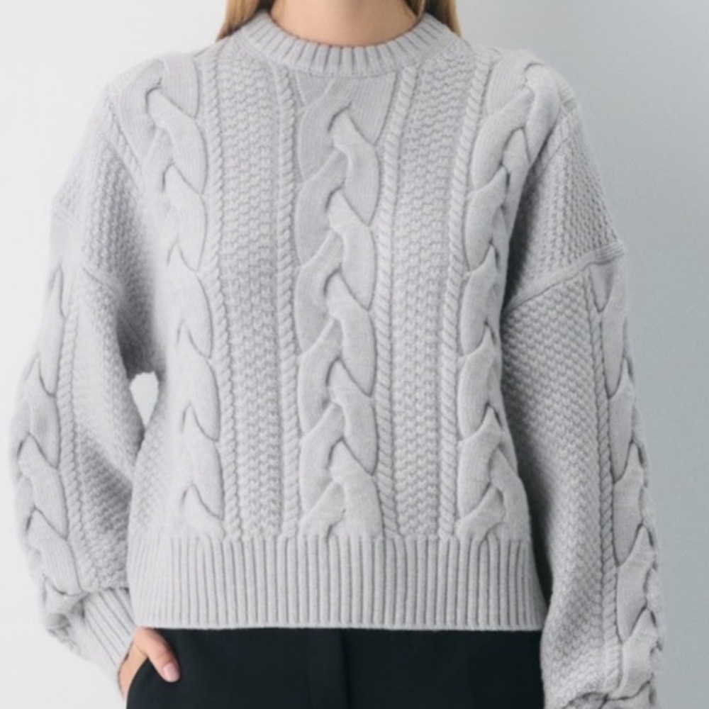 Aritzia Light Gray Cable Knit Crewneck Sweater